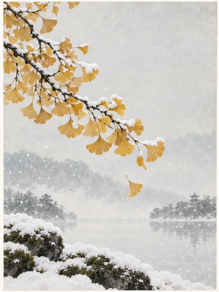 Ginkgo First Snow - Whitespace watercolor seasonal poster