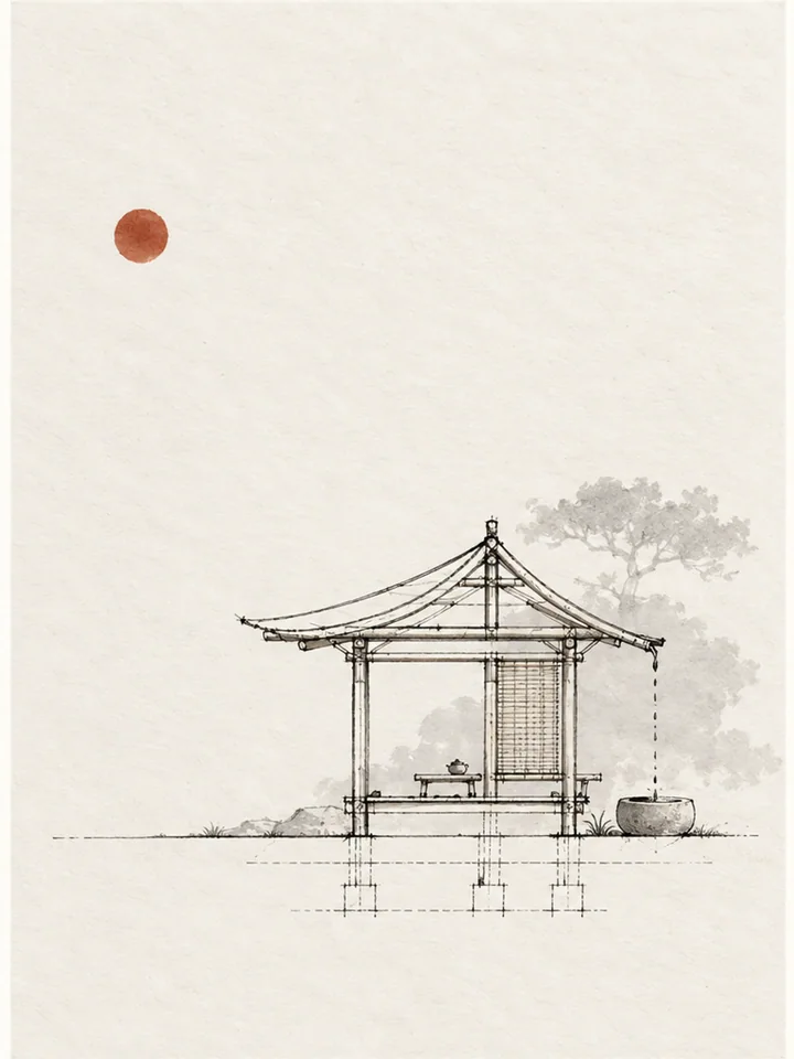 Teahouse in One Line - Minimal construction line art